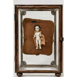 Antique Frozen Charlotte Porcelain Doll Painted Face Pillow Glass Brass Case